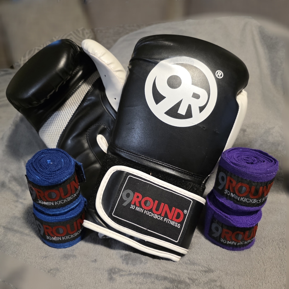 9Round Black and White Boxing Gloves with Blue and Purple Wraps